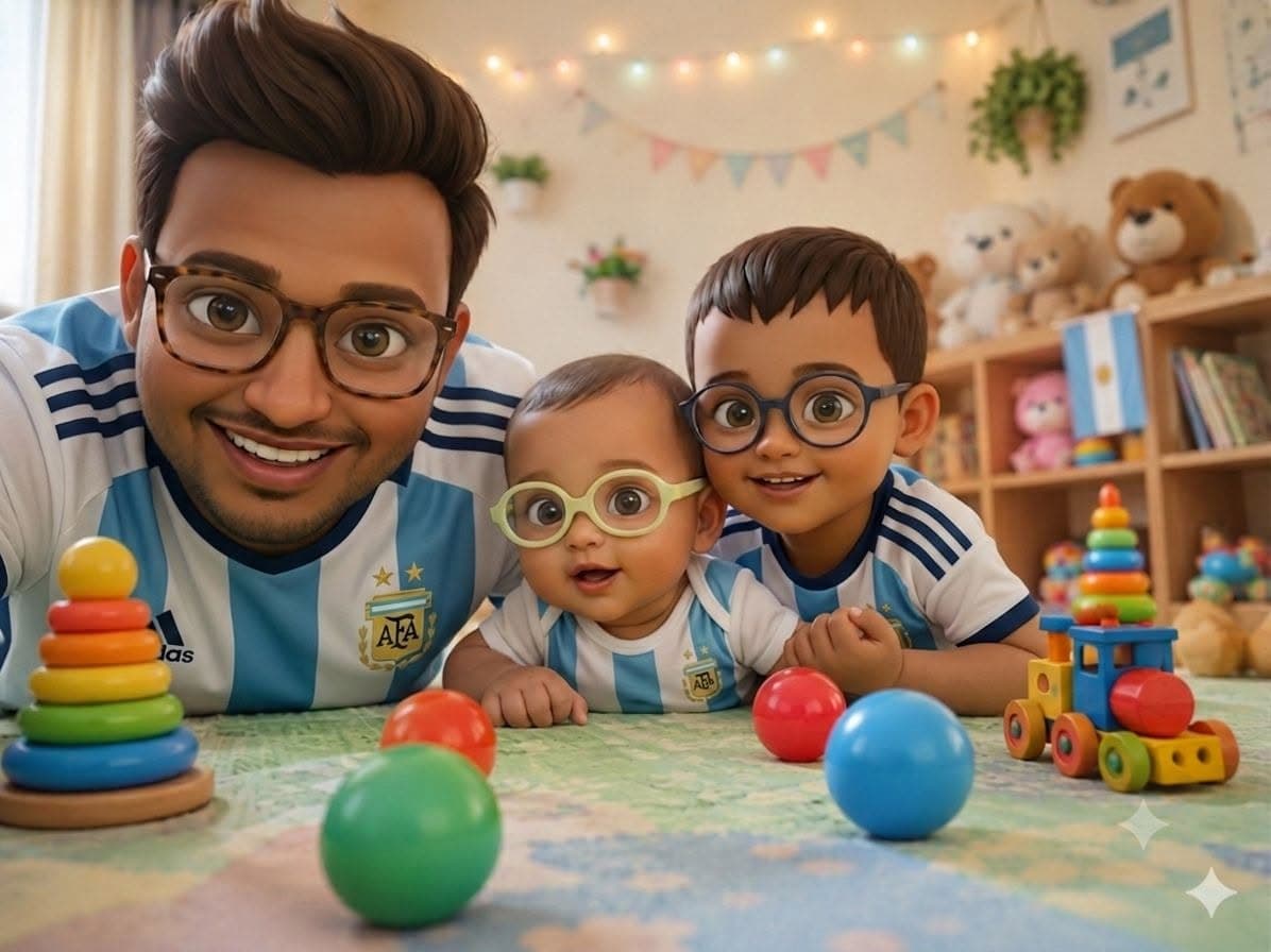 A smiling father in a blue and white striped jersey lying on a play mat with two young children wearing glasses, surrounded by colourful toys